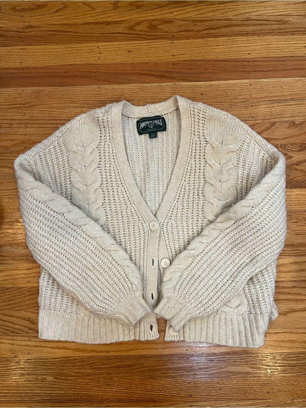 American Eagle Outfitters Cream Cable Knit Button-Up Cardigan